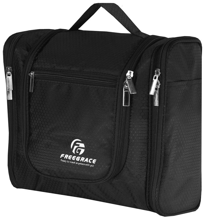 Freegrace Hanging Toiletry Bag Extra Large Capacity | Premium Travel Organizer Bags For Men And Women | Durable Waterproof Nylon Bathroom, Shower, Makeup Bag For Toiletries, Cosmetics, Shampoo (Black) - Image 1